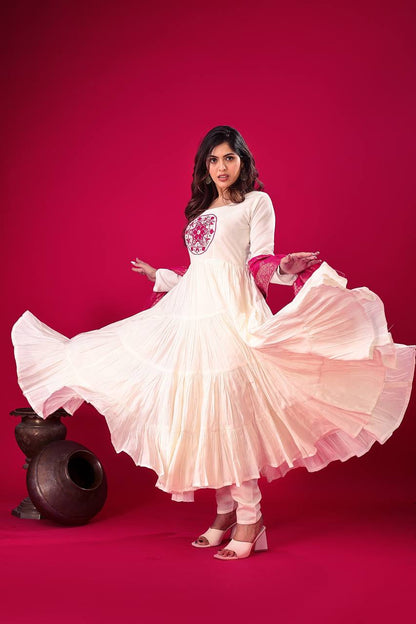 Reception Wear Off White Color Heavy Roman Silk With Embroidery Sequence Work Anarkali Gown