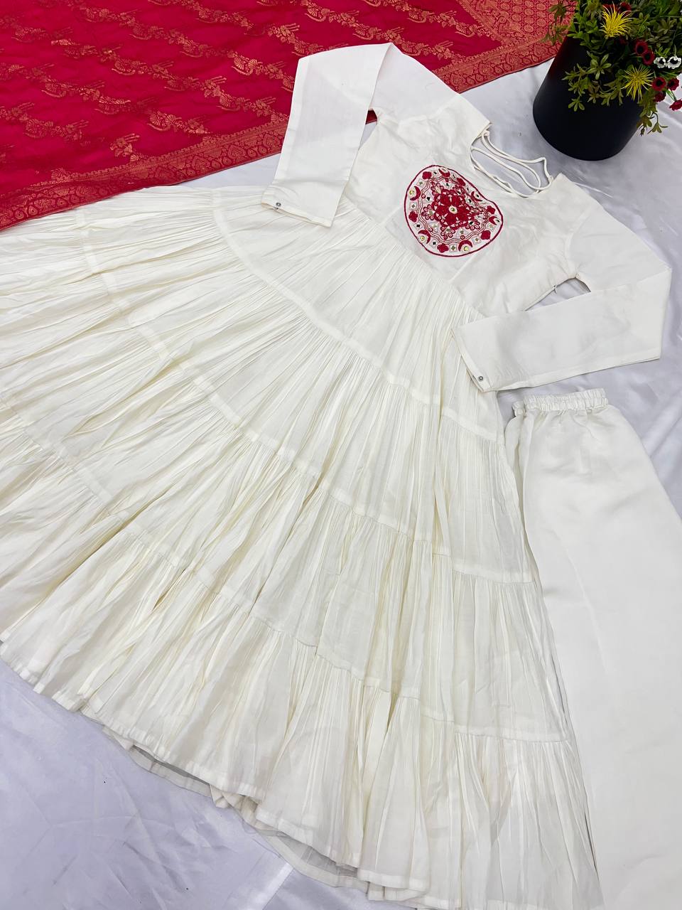 Reception Wear Off White Color Heavy Roman Silk With Embroidery Sequence Work Anarkali Gown