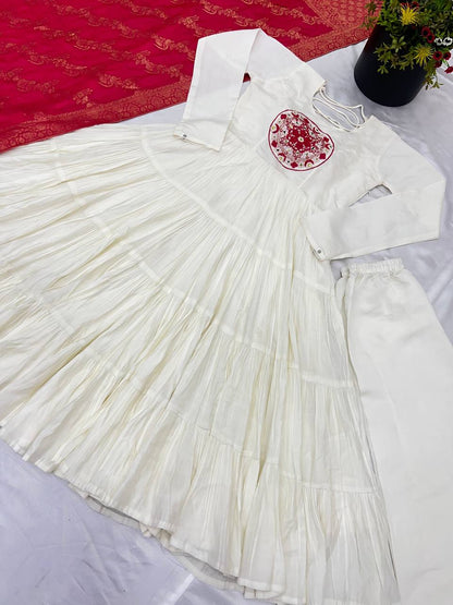 Reception Wear Off White Color Heavy Roman Silk With Embroidery Sequence Work Anarkali Gown