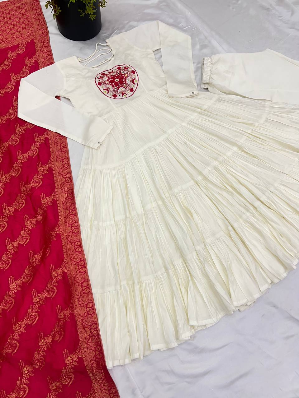 Reception Wear Off White Color Heavy Roman Silk With Embroidery Sequence Work Anarkali Gown