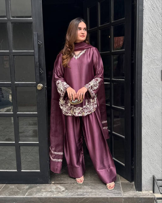 Bollywood Style Dusty Pink Color Pure Natural Crep Silk With Embroidery Sequence Work Palazzo Suit