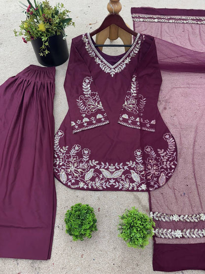Bollywood Style Dusty Pink Color Pure Natural Crep Silk With Embroidery Sequence Work Palazzo Suit