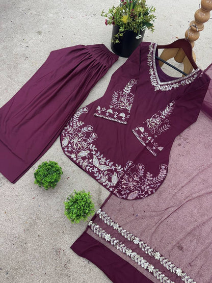 Bollywood Style Dusty Pink Color Pure Natural Crep Silk With Embroidery Sequence Work Palazzo Suit