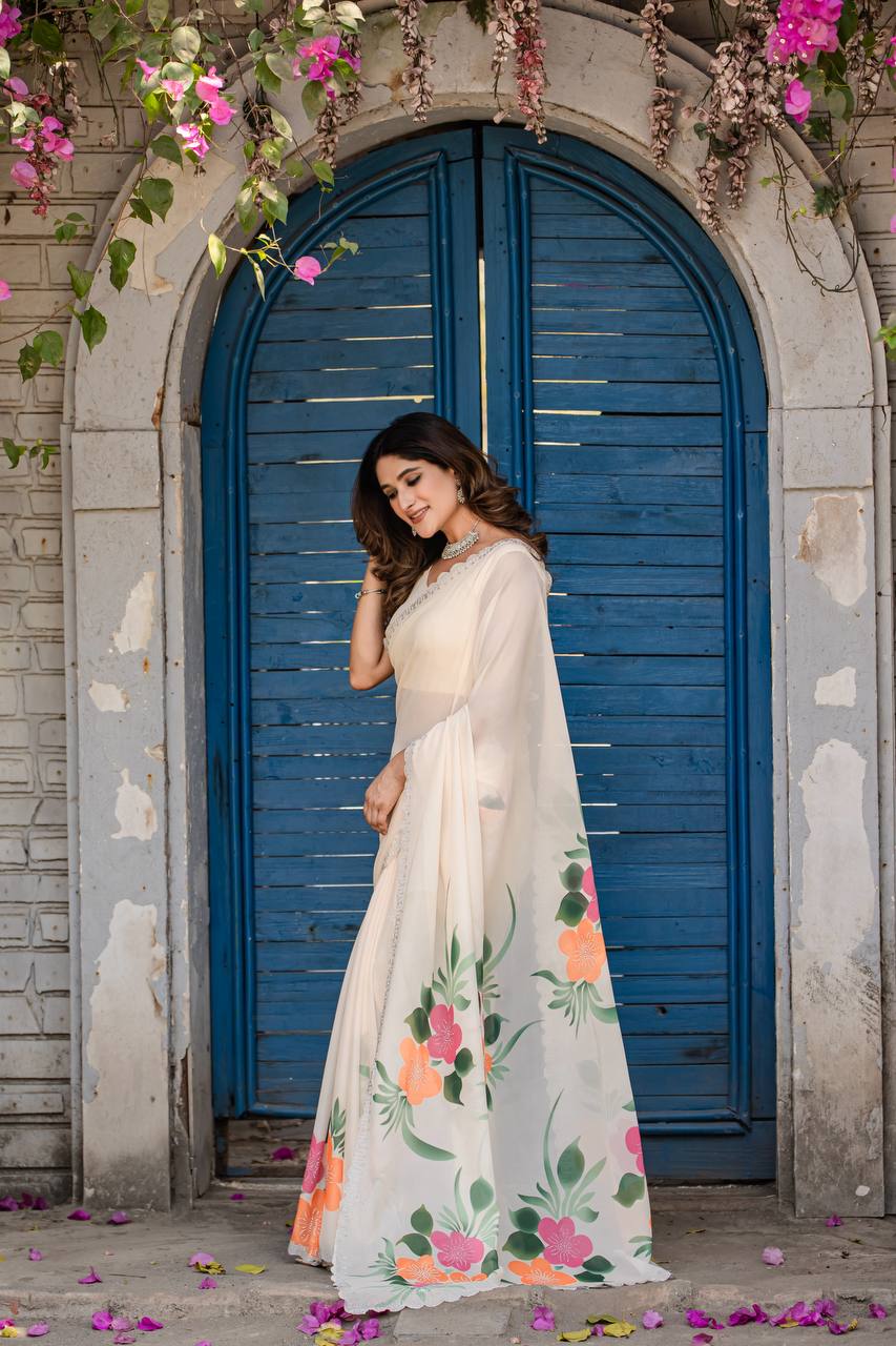 Party Wear Cream Color Fancy Digital Print With Diamond Work Saree