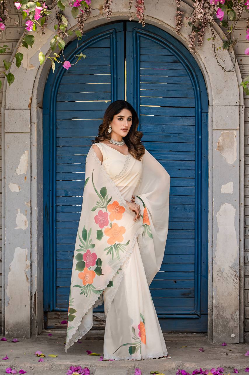 Party Wear Cream Color Fancy Digital Print With Diamond Work Saree