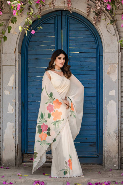 Party Wear Cream Color Fancy Digital Print With Diamond Work Saree
