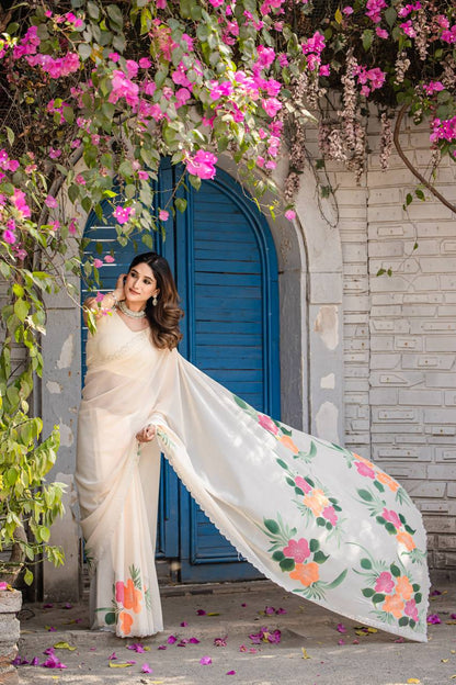 Party Wear Cream Color Fancy Digital Print With Diamond Work Saree