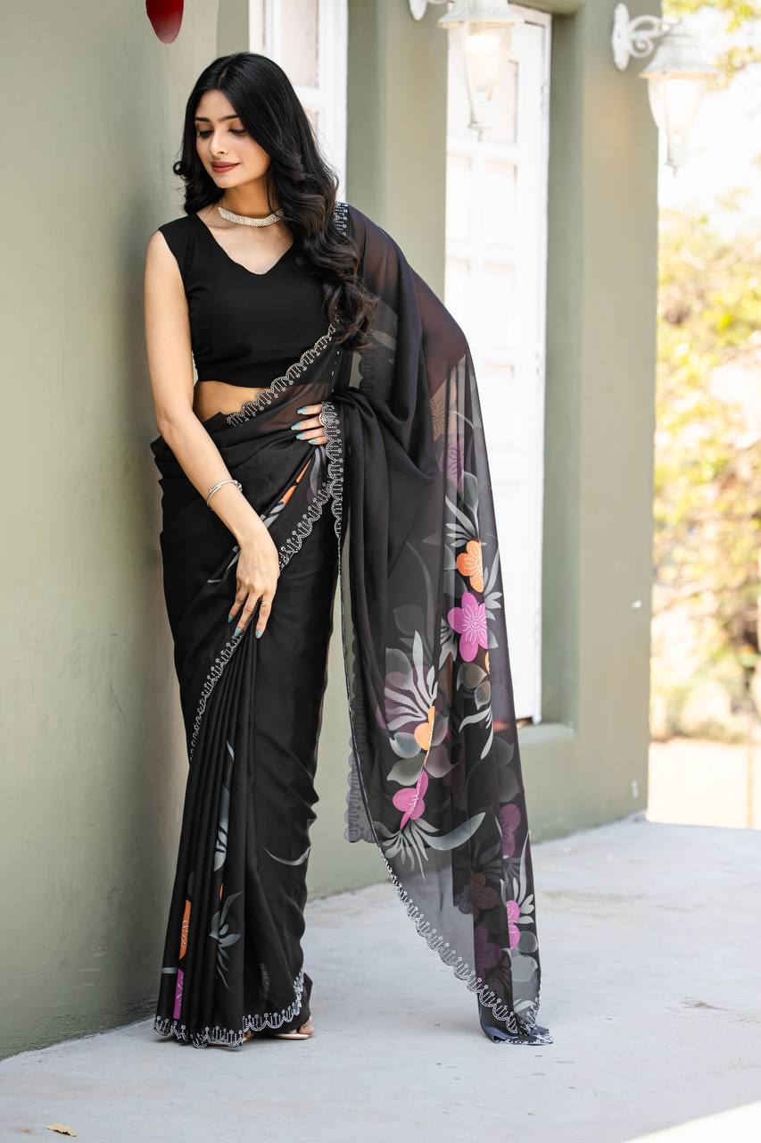 Festive Wear Black Color Fancy Digital Print With Diamond Work Saree