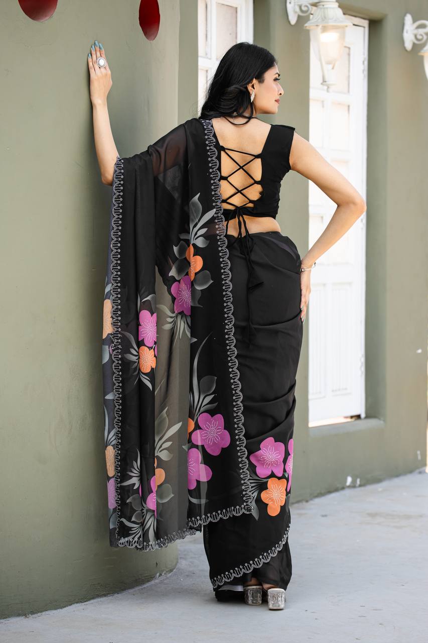 Festive Wear Black Color Fancy Digital Print With Diamond Work Saree