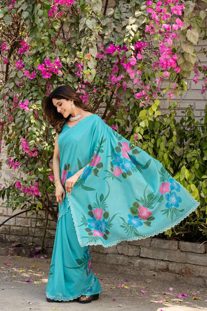 Festive Wear Sky Color Fancy Digital Print With Diamond Work Saree