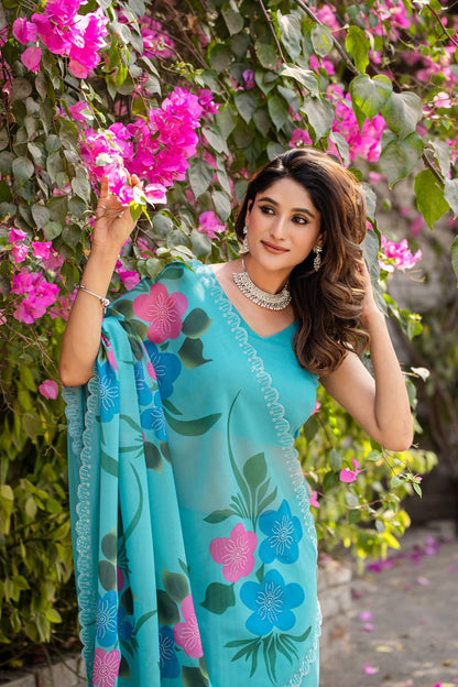 Festive Wear Sky Color Fancy Digital Print With Diamond Work Saree