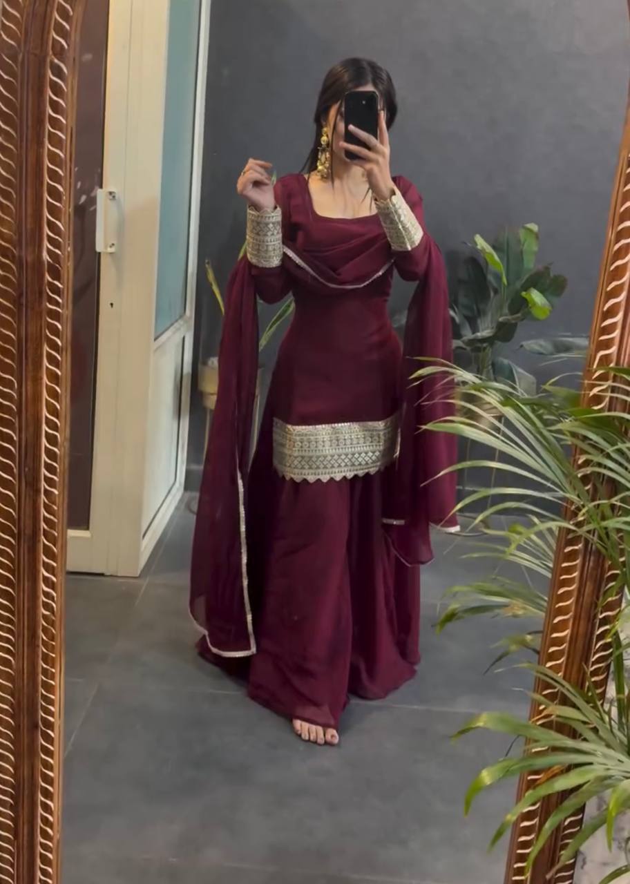 Wedding Wear Brown Color Embroidered Designer Sharara Suit Set