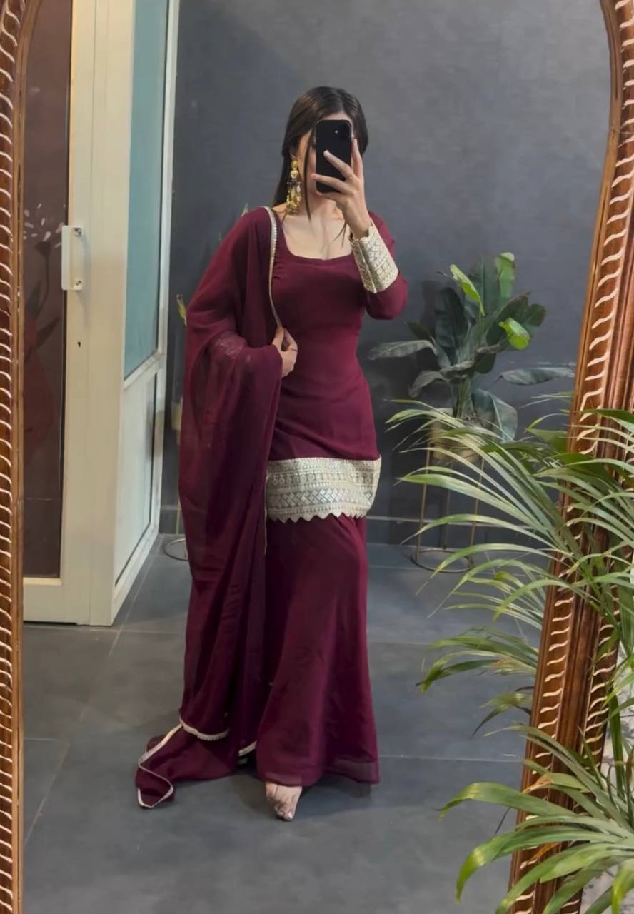 Wedding Wear Brown Color Embroidered Designer Sharara Suit Set