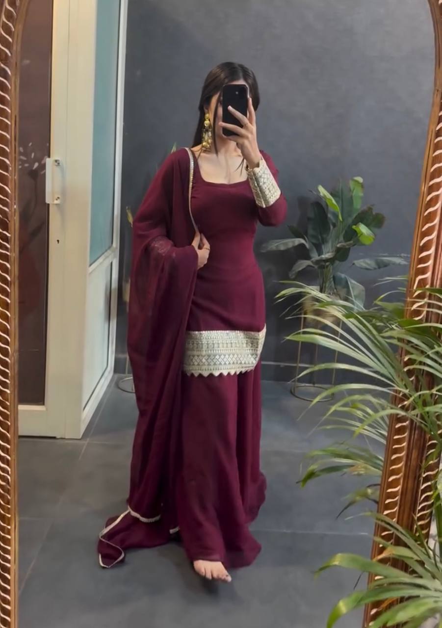 Wedding Wear Brown Color Embroidered Designer Sharara Suit Set