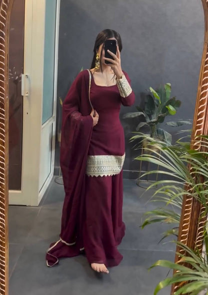 Wedding Wear Brown Color Embroidered Designer Sharara Suit Set