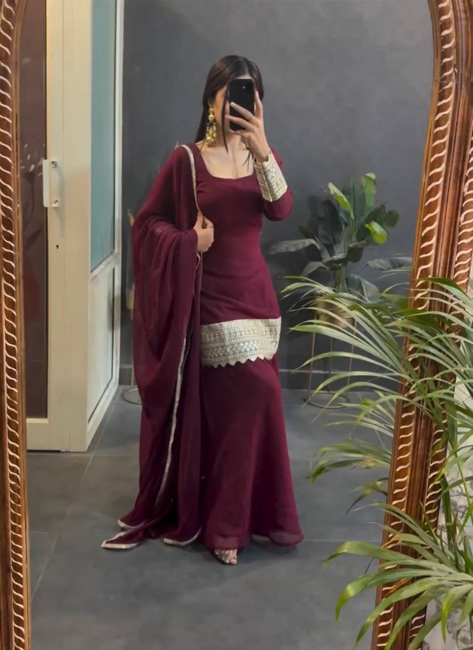 Wedding Wear Brown Color Embroidered Designer Sharara Suit Set