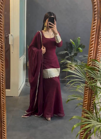 Wedding Wear Brown Color Embroidered Designer Sharara Suit Set