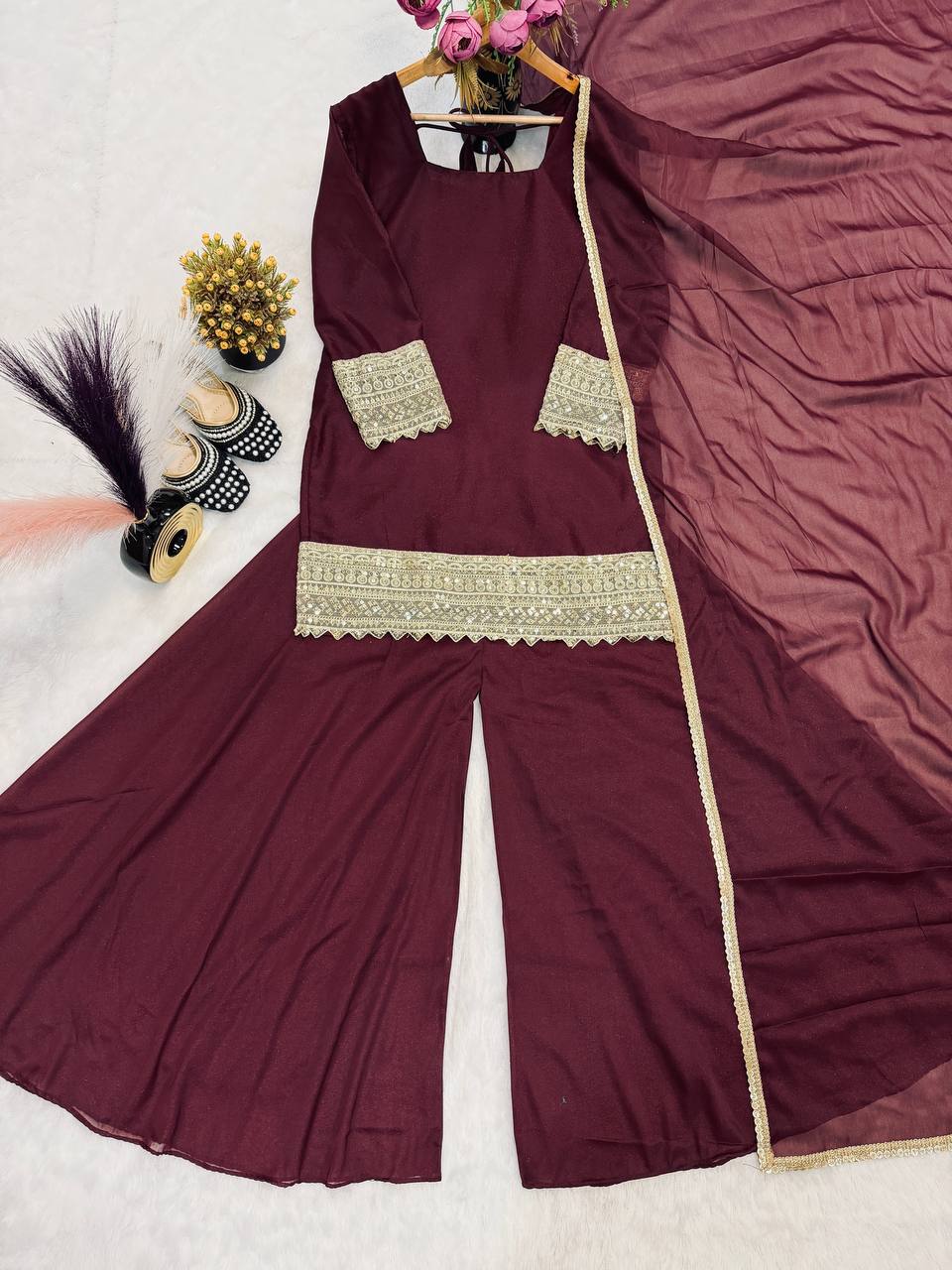 Wedding Wear Brown Color Embroidered Designer Sharara Suit Set