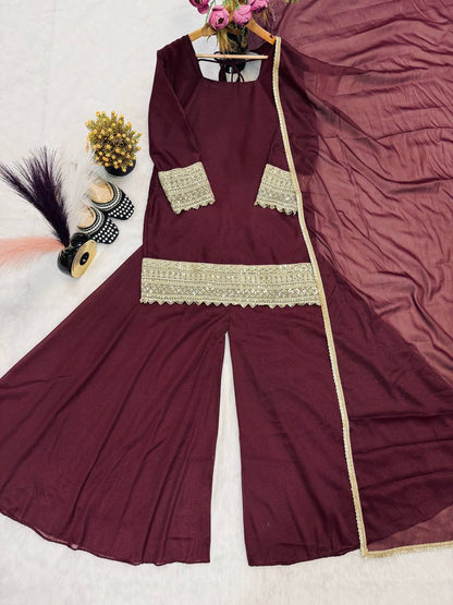 Wedding Wear Brown Color Embroidered Designer Sharara Suit Set