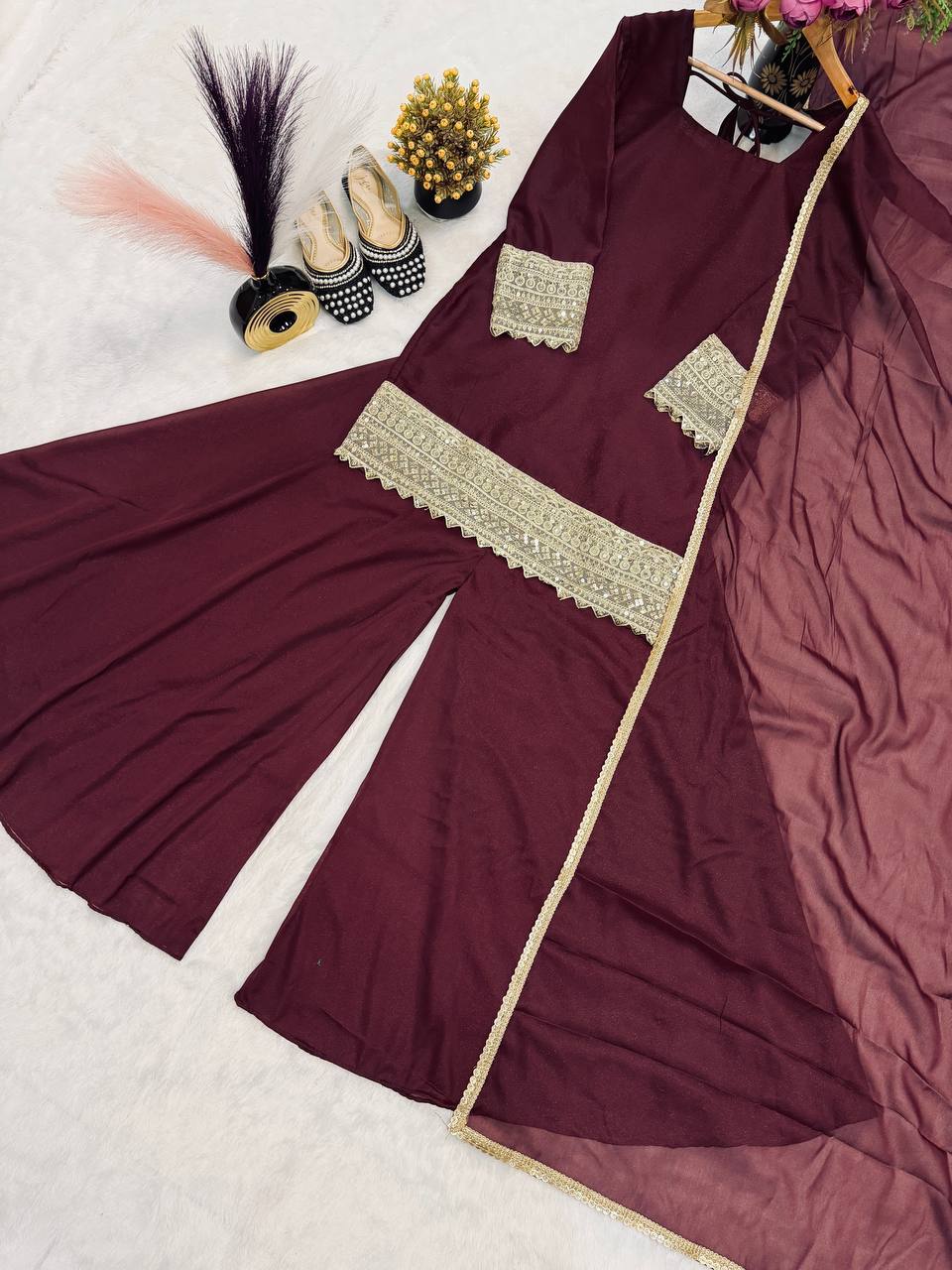 Wedding Wear Brown Color Embroidered Designer Sharara Suit Set