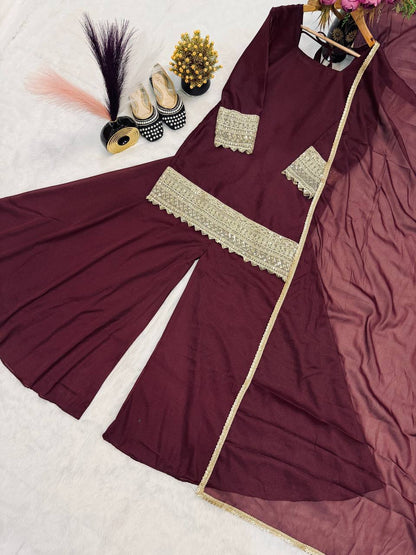 Wedding Wear Brown Color Embroidered Designer Sharara Suit Set