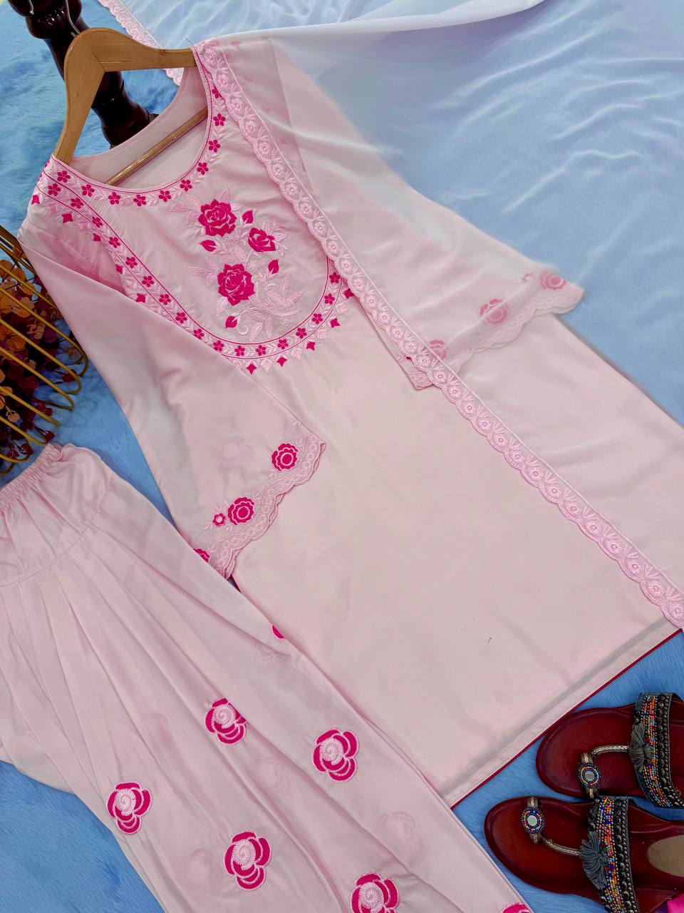 Exclusive Peach Color Pure Natural Crepe With Embroidery Work Palazzo Suit