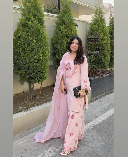 Exclusive Peach Color Pure Natural Crepe With Embroidery Work Palazzo Suit