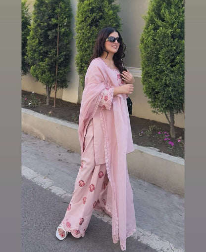 Exclusive Peach Color Pure Natural Crepe With Embroidery Work Palazzo Suit