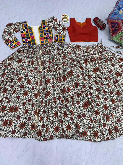 Navratri Collection Cream Color Pure Cotton Designer Lehenga Choli With Shrug