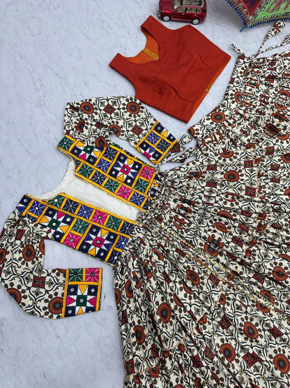 Navratri Collection Cream Color Pure Cotton Designer Lehenga Choli With Shrug