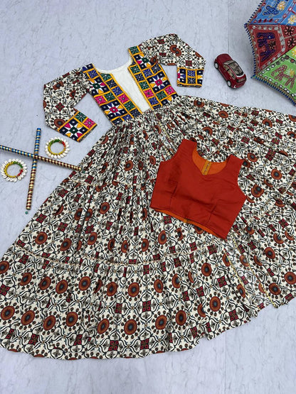 Navratri Collection Cream Color Pure Cotton Designer Lehenga Choli With Shrug
