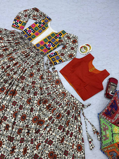 Navratri Collection Cream Color Pure Cotton Designer Lehenga Choli With Shrug