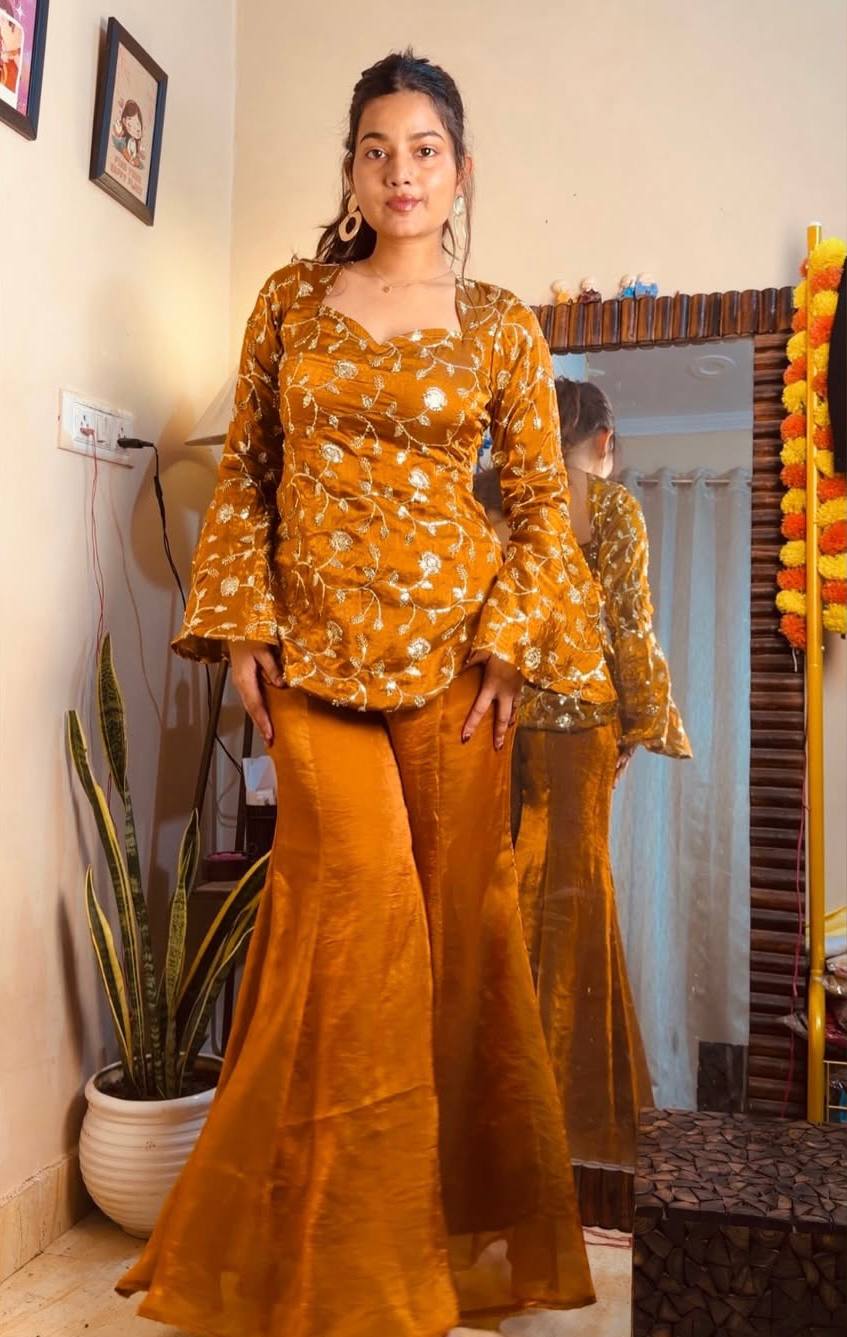 Wedding Wear Mustard Color Fandy Silk Top And Palazzo Set