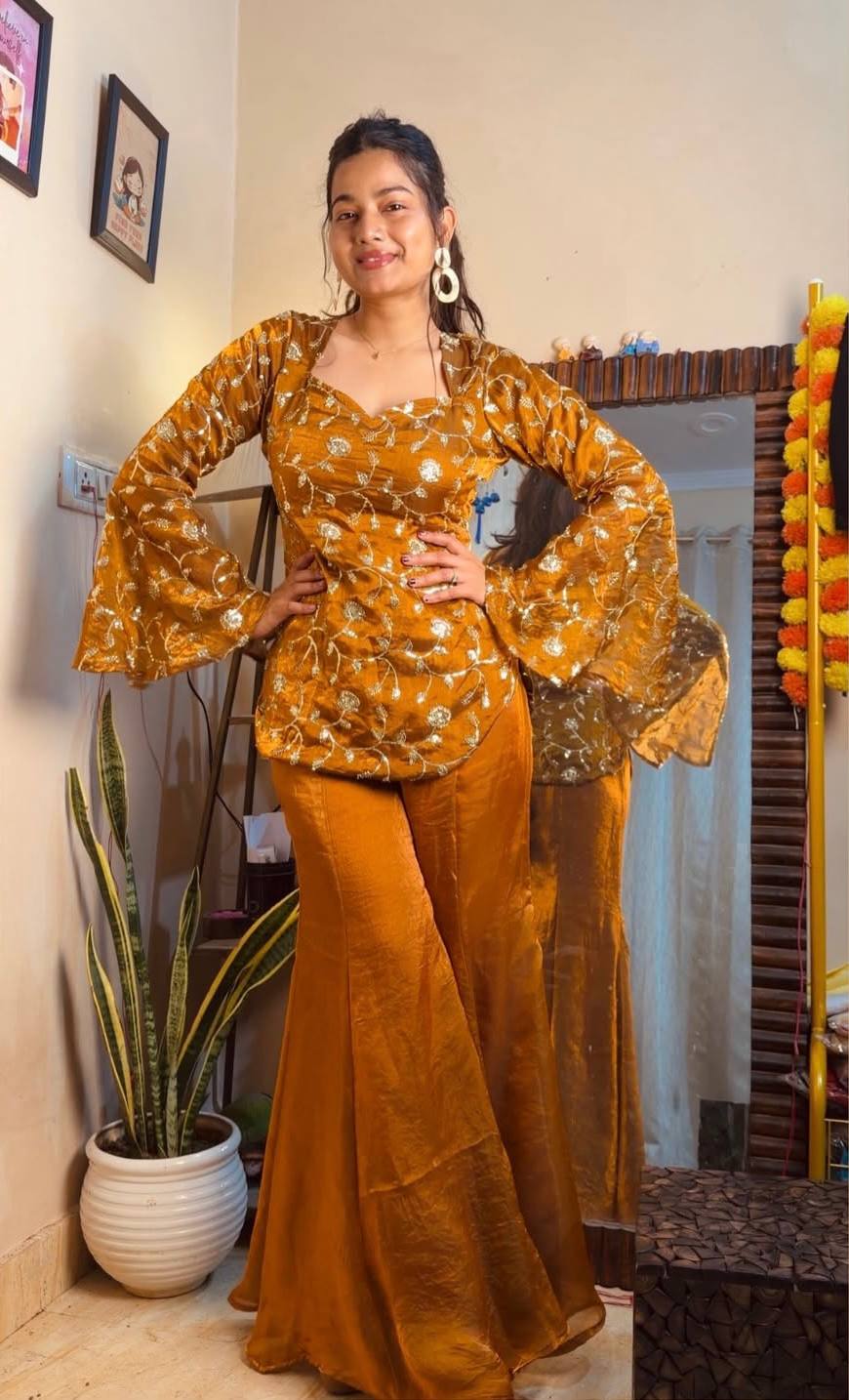 Wedding Wear Mustard Color Fandy Silk Top And Palazzo Set