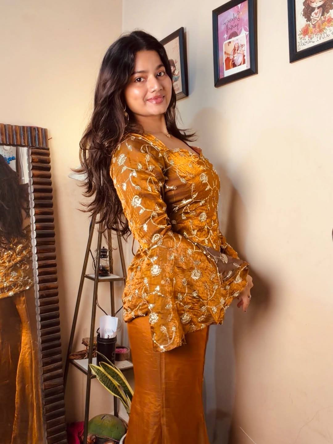 Wedding Wear Mustard Color Fandy Silk Top And Palazzo Set