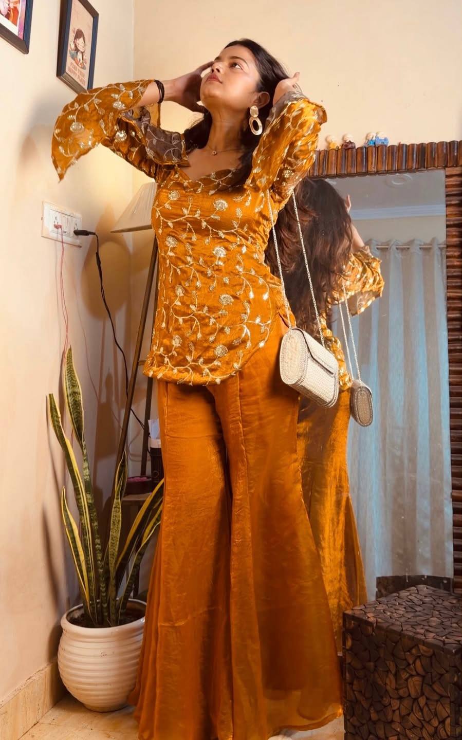 Wedding Wear Mustard Color Fandy Silk Top And Palazzo Set
