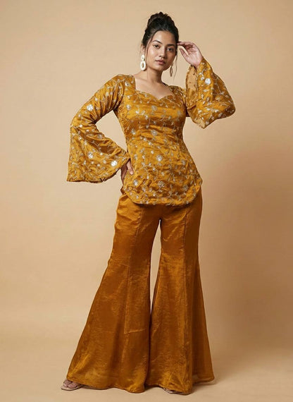 Wedding Wear Mustard Color Fandy Silk Top And Palazzo Set