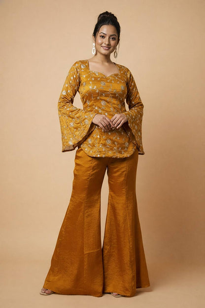 Wedding Wear Mustard Color Fandy Silk Top And Palazzo Set