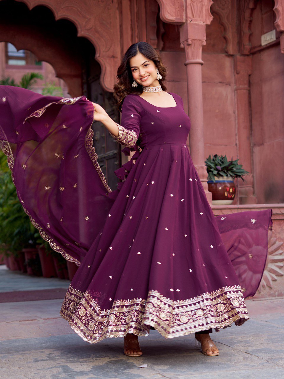 Exclusive WIne Color Faux Georgette Thread With Sequence Work Gown