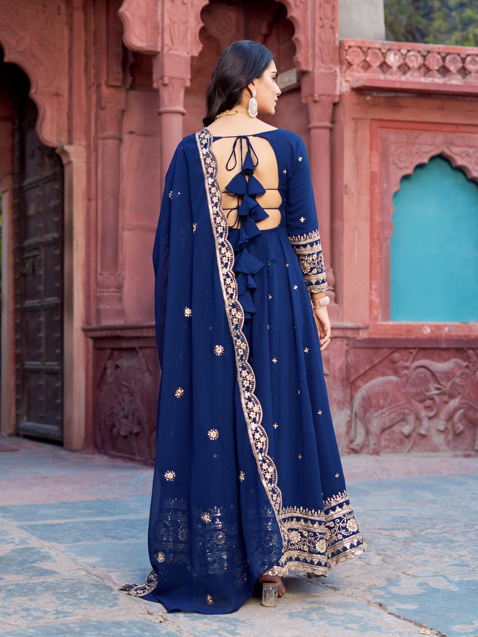Exclusive Navy Color Faux Georgette Thread With Sequence Work Gown