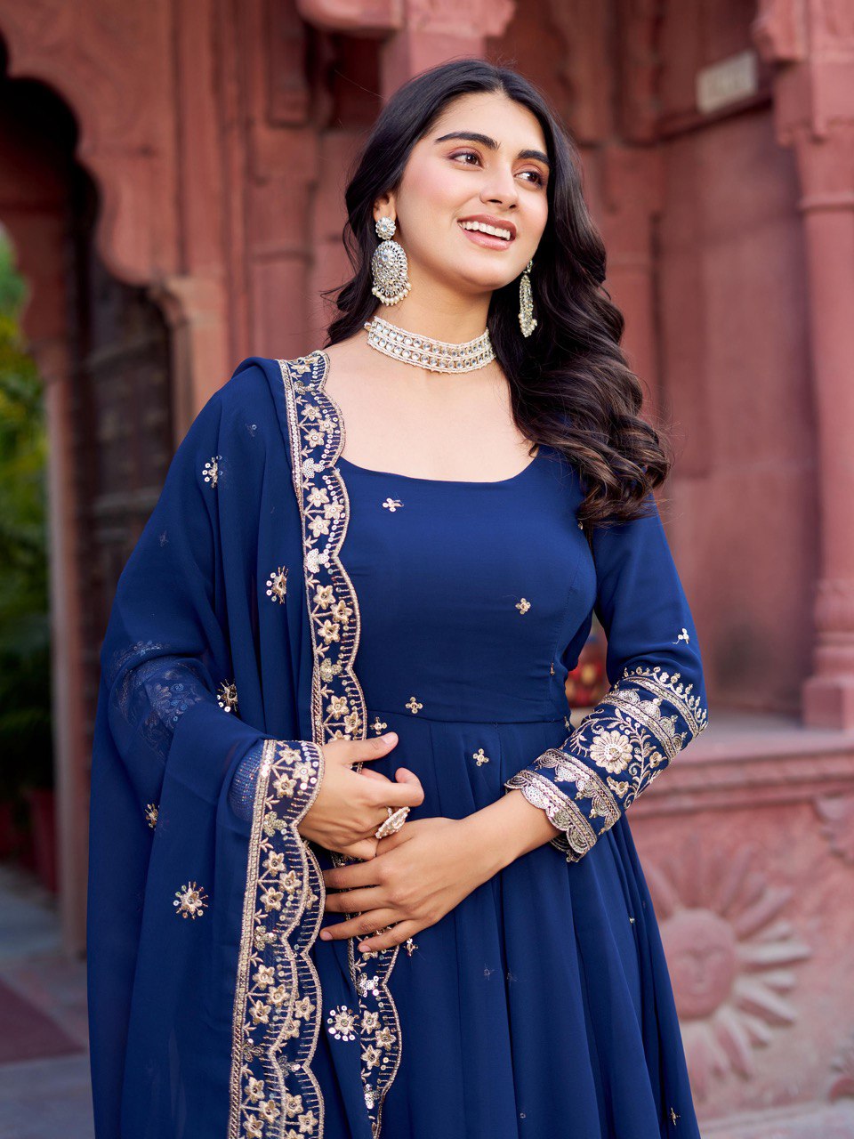 Exclusive Navy Color Faux Georgette Thread With Sequence Work Gown