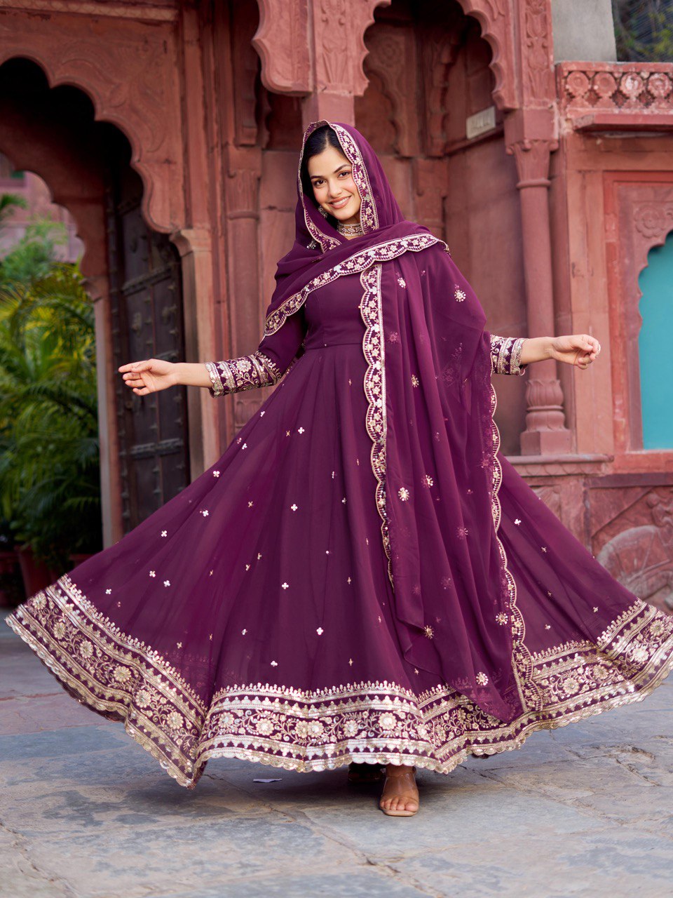 Exclusive WIne Color Faux Georgette Thread With Sequence Work Gown
