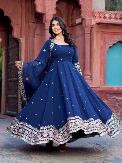 Exclusive Navy Color Faux Georgette Thread With Sequence Work Gown