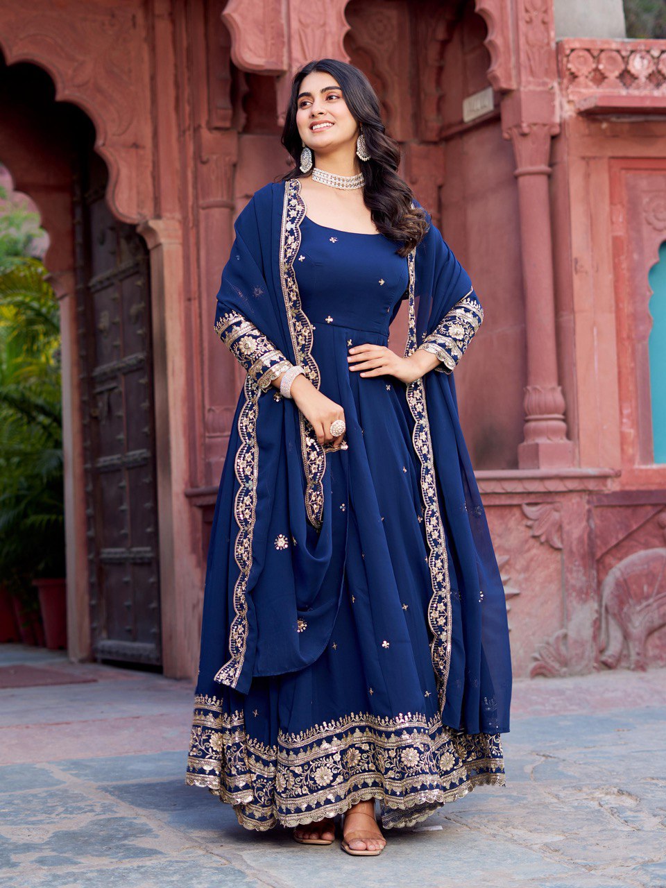 Exclusive Navy Color Faux Georgette Thread With Sequence Work Gown
