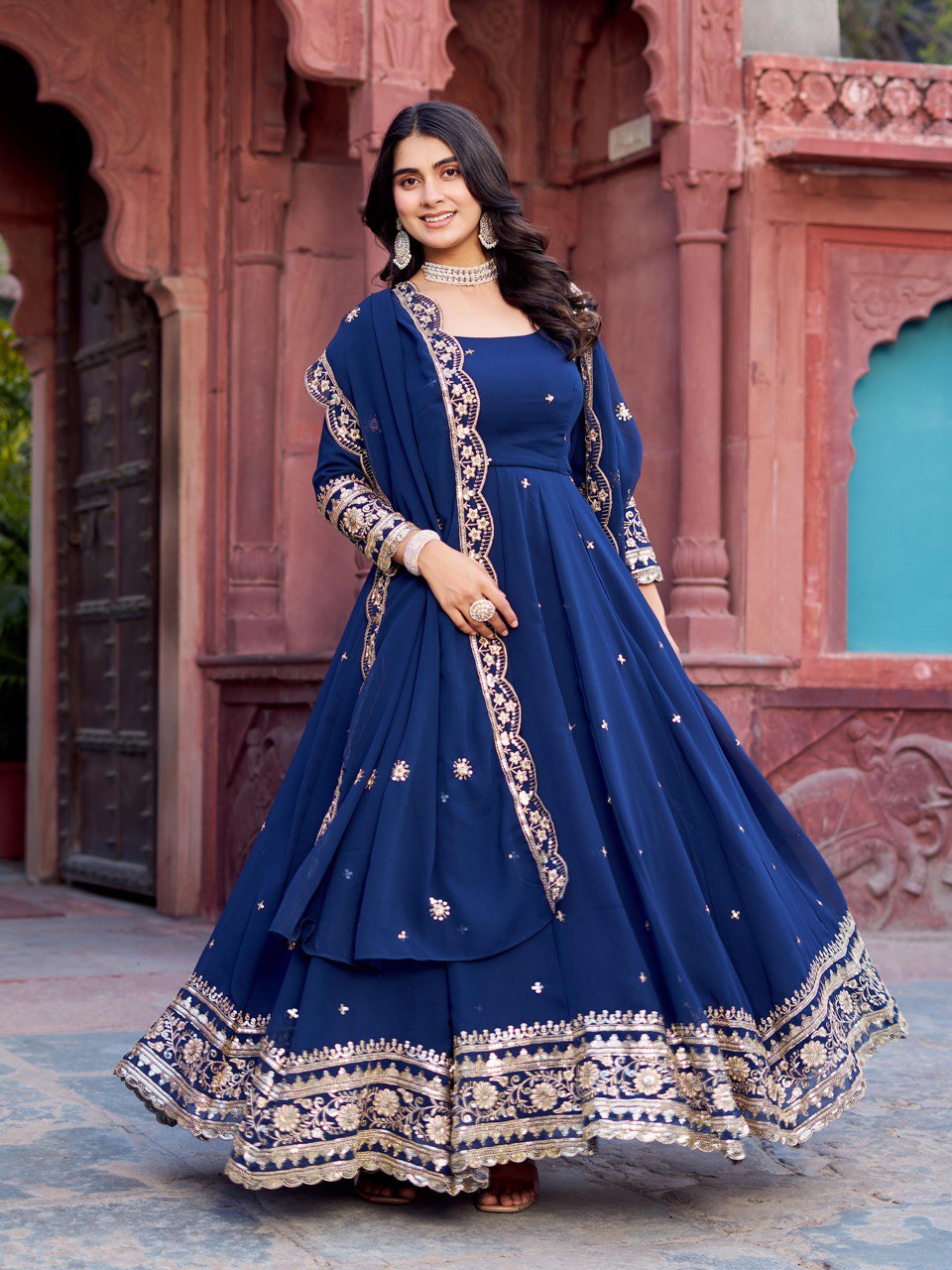 Exclusive Navy Color Faux Georgette Thread With Sequence Work Gown