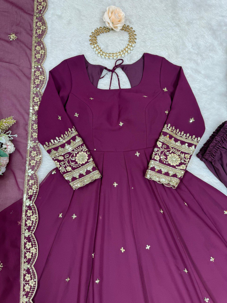 Exclusive WIne Color Faux Georgette Thread With Sequence Work Gown