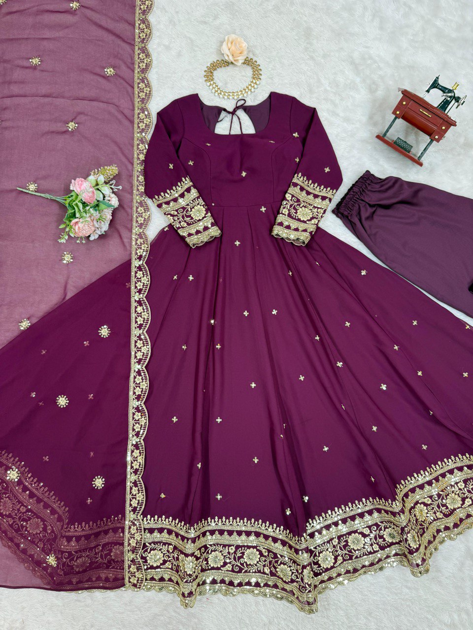 Exclusive WIne Color Faux Georgette Thread With Sequence Work Gown
