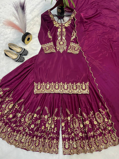 Bollywood Style Wine Color Pure Heavy Natural Crep Silk With Heavy Embroidery Work Sharara Suit