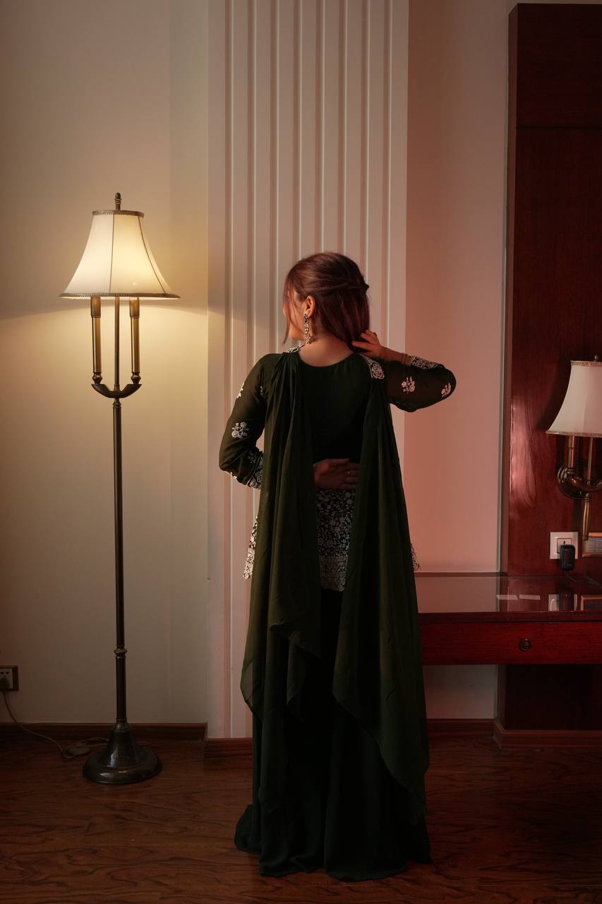 Fantastic Green Color Georgette Embroidered Top With Palazzo Set