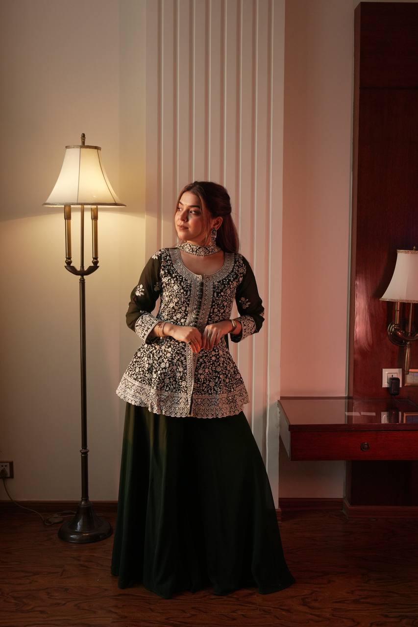 Fantastic Green Color Georgette Embroidered Top With Palazzo Set